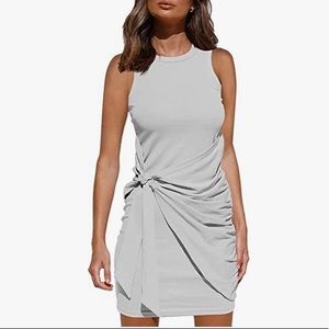 Womens Casual Sleeveless Dress Crewneck Bodycon Ruched Tie Waist Mini Dress-BNIP
